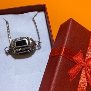 Vintage Sterling Silver Onyx Marcasite Cylinder Prayer Box Necklace 18”